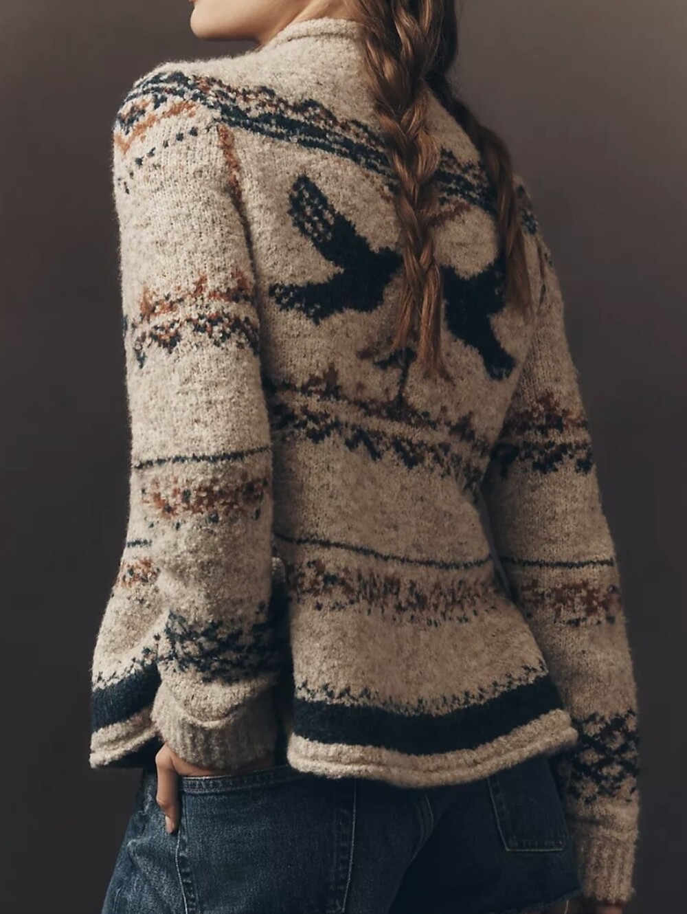 Pilcro Sweater Bird Mock Neck Beige With Navy Trim - Picture 8 of 16